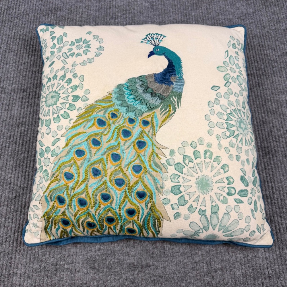 World Market Throw Pillow 18x18 Cotton Embroidered Peacock Dimensional Decor
